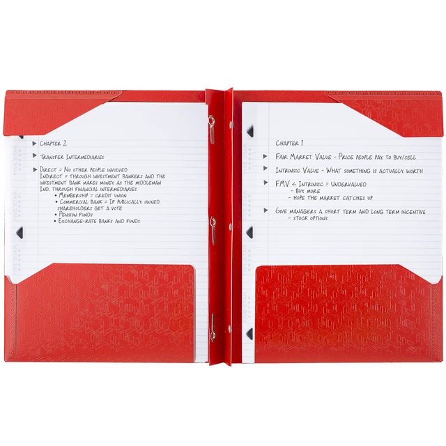 Alt view image 2 of 6 - Five Star 2-Pocket Plastic Folder with Stay-Put Tabs and Prong Fasteners, Holds 8-1/2" x 11" Paper, Fire Red (72109)