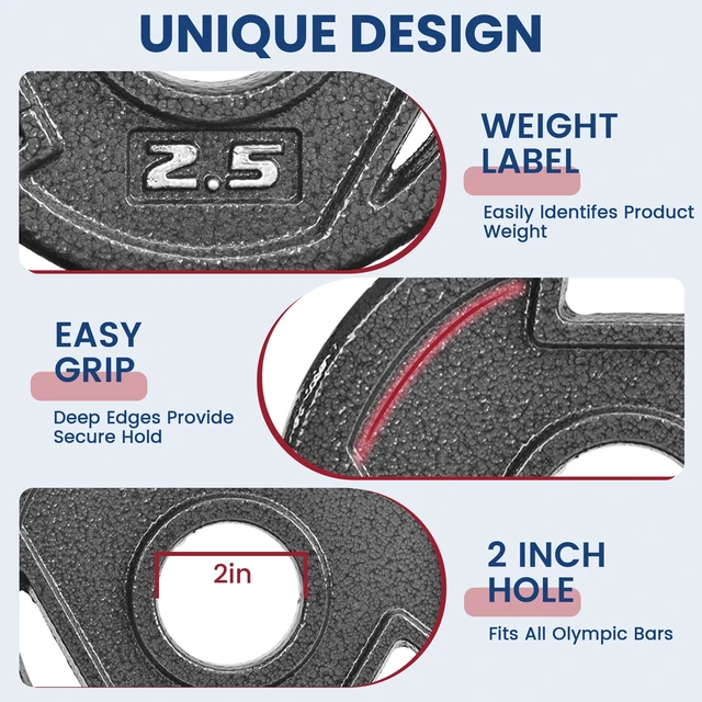 Alt view image 5 of 6 - FlexWave Cast Iron Weight Plates, 2" Center Hole, Pair Set with 3-Grip Handles, Gray Rust-Resistant Finish