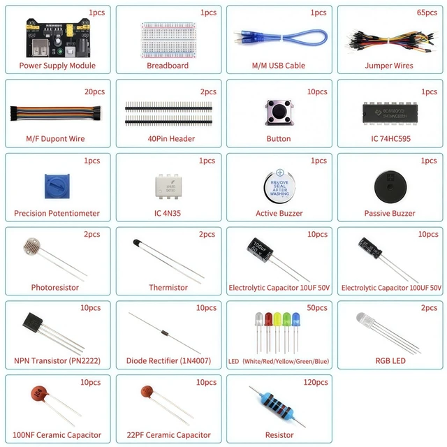 Alt view image 4 of 7 - REXQualis Electronics Basic Kit with Power Supply Module, Breadboard, Jumper Wire, LED, Resistor, 300+ PCS Sensors and Components for Electronics Projects