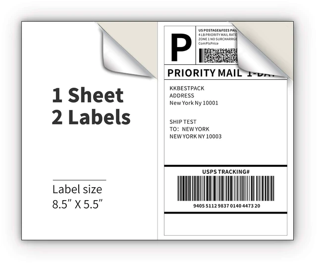 Main image of KKBESTPACK 2LP Half Sheet Shipping Labels for Laser & Inkjet Printers, 2 Per Page, Self-Adhesive, White, 8.5 x 5.5, 200 Count