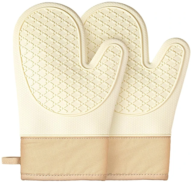 Main image of Silicone Oven Mitts 2-Pack, Waterproof Non-Slip Grip with Thick Soft Cotton Lining, Heat Resistant Kitchen Gloves for Baking BBQ Cooking Grilling - White