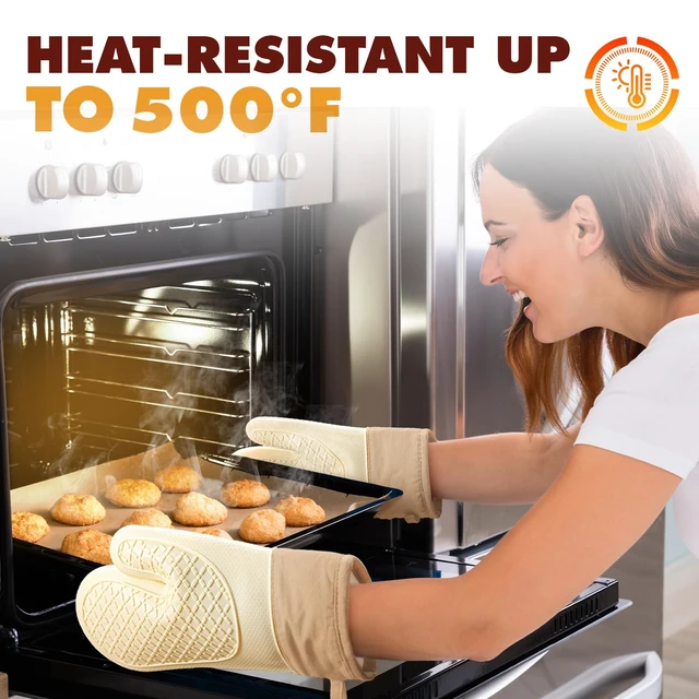 Alt view image 5 of 7 - Silicone Oven Mitts 2-Pack, Waterproof Non-Slip Grip with Thick Soft Cotton Lining, Heat Resistant Kitchen Gloves for Baking BBQ Cooking Grilling - White