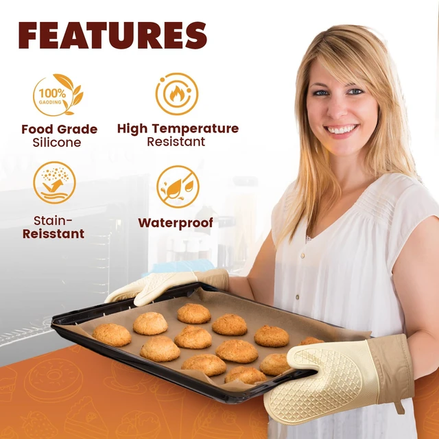 Alt view image 2 of 7 - Silicone Oven Mitts 2-Pack, Waterproof Non-Slip Grip with Thick Soft Cotton Lining, Heat Resistant Kitchen Gloves for Baking BBQ Cooking Grilling - White