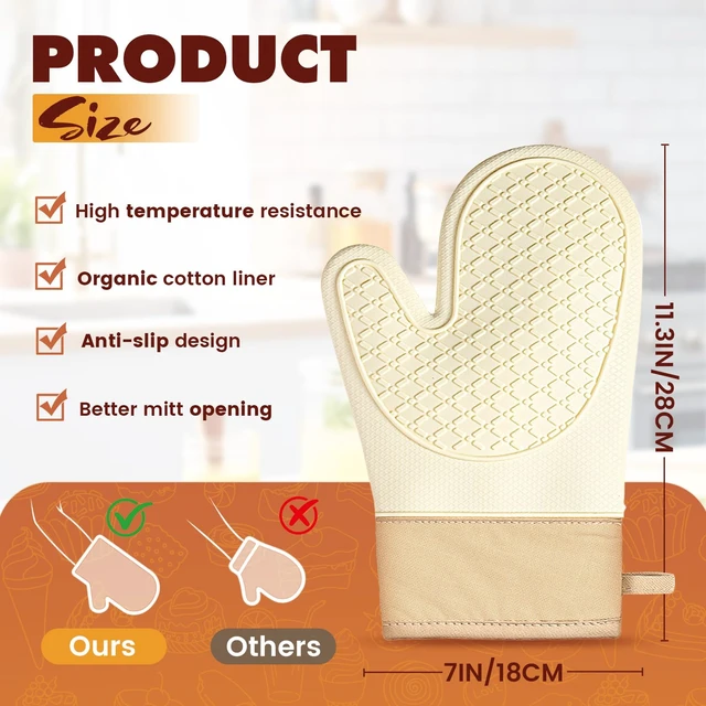 Alt view image 6 of 7 - Silicone Oven Mitts 2-Pack, Waterproof Non-Slip Grip with Thick Soft Cotton Lining, Heat Resistant Kitchen Gloves for Baking BBQ Cooking Grilling - White