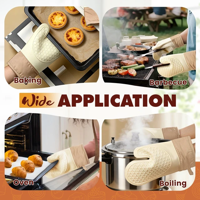Alt view image 3 of 7 - Silicone Oven Mitts 2-Pack, Waterproof Non-Slip Grip with Thick Soft Cotton Lining, Heat Resistant Kitchen Gloves for Baking BBQ Cooking Grilling - White