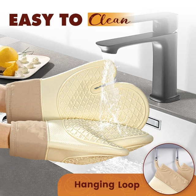 Alt view image 4 of 7 - Silicone Oven Mitts 2-Pack, Waterproof Non-Slip Grip with Thick Soft Cotton Lining, Heat Resistant Kitchen Gloves for Baking BBQ Cooking Grilling - White