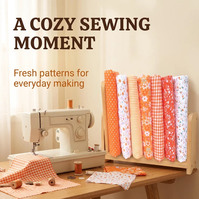 Alt view image 4 of 6 - 7 Pcs Orange Cotton Craft Fabric Bundle Squares Patchwork DIY Sewing Scrapbooking Quilting Floral Dot Pattern 25cm x 25cm (10" x 10")