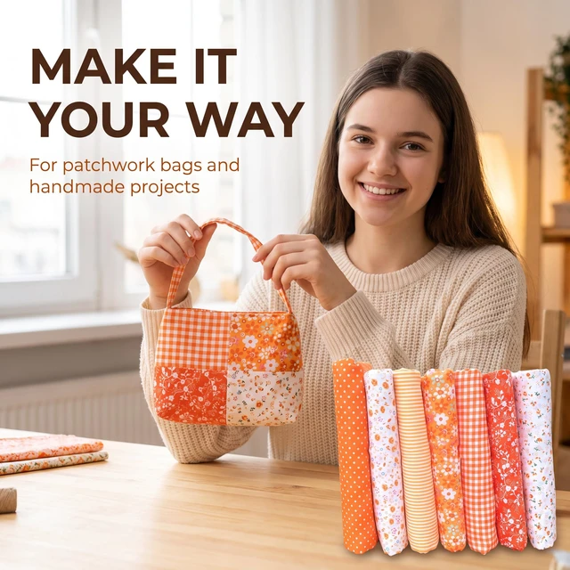 Alt view image 3 of 6 - 7 Pcs Orange Cotton Craft Fabric Bundle Squares Patchwork DIY Sewing Scrapbooking Quilting Floral Dot Pattern 25cm x 25cm (10" x 10")