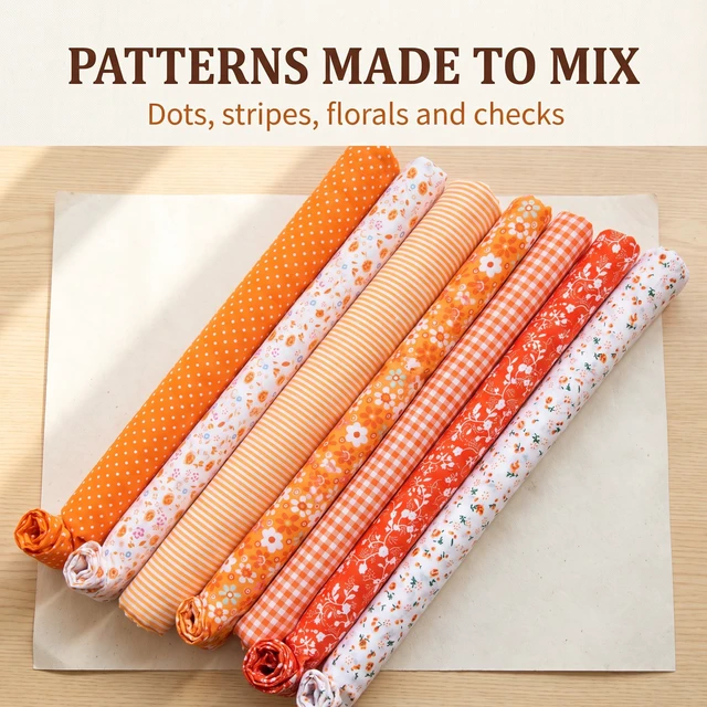 Alt view image 2 of 6 - 7 Pcs Orange Cotton Craft Fabric Bundle Squares Patchwork DIY Sewing Scrapbooking Quilting Floral Dot Pattern 25cm x 25cm (10" x 10")