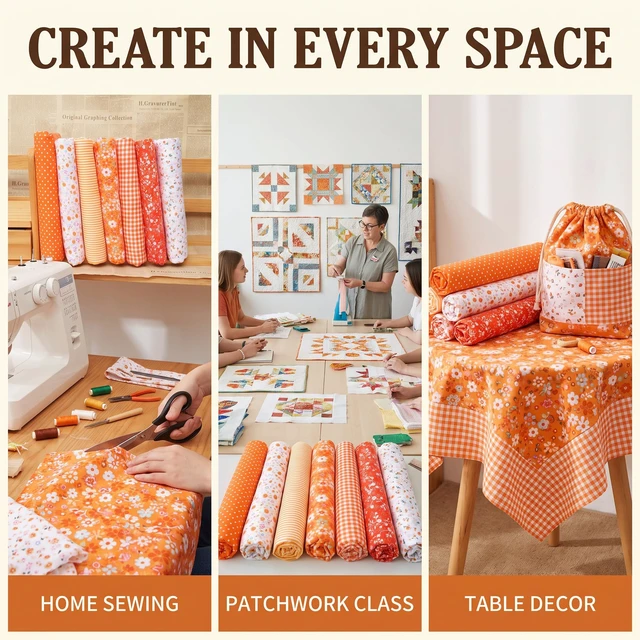 Alt view image 5 of 6 - 7 Pcs Orange Cotton Craft Fabric Bundle Squares Patchwork DIY Sewing Scrapbooking Quilting Floral Dot Pattern 25cm x 25cm (10" x 10")