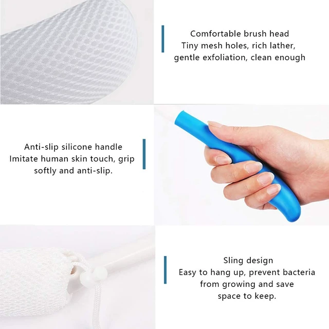 Alt view image 3 of 6 - MagiDeal Vinyl Quote Me Long Anti-Slip Curve Handled Bath Body Brush, Easy Reach for Seniors, Elderly, Pregnant, Blue, 15.35"