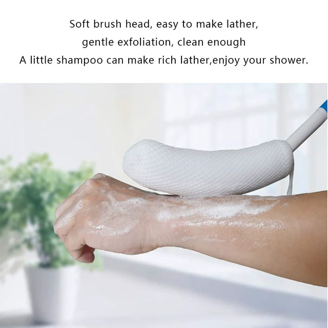 Alt view image 5 of 6 - MagiDeal Vinyl Quote Me Long Anti-Slip Curve Handled Bath Body Brush, Easy Reach for Seniors, Elderly, Pregnant, Blue, 15.35"