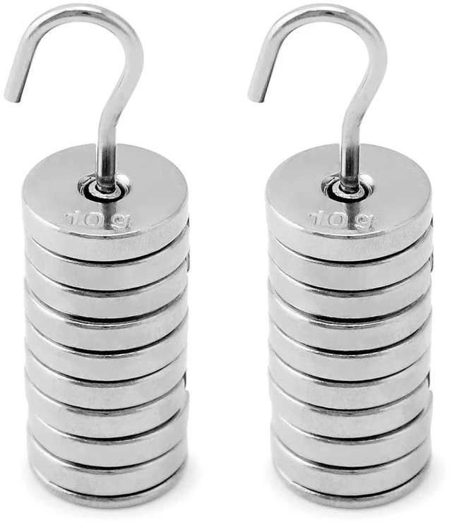 Main image of QWORK Lab Slotted Mass Set, 2 Sets of Chromium-Plated Metal Slotted Weights, Each Set: 100g Total (9 Weights x 10g + 1 Hanger x 10g)