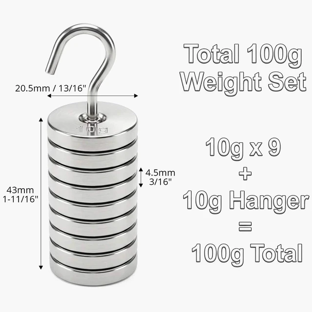 Alt view image 6 of 7 - QWORK Lab Slotted Mass Set, 2 Sets of Chromium-Plated Metal Slotted Weights, Each Set: 100g Total (9 Weights x 10g + 1 Hanger x 10g)