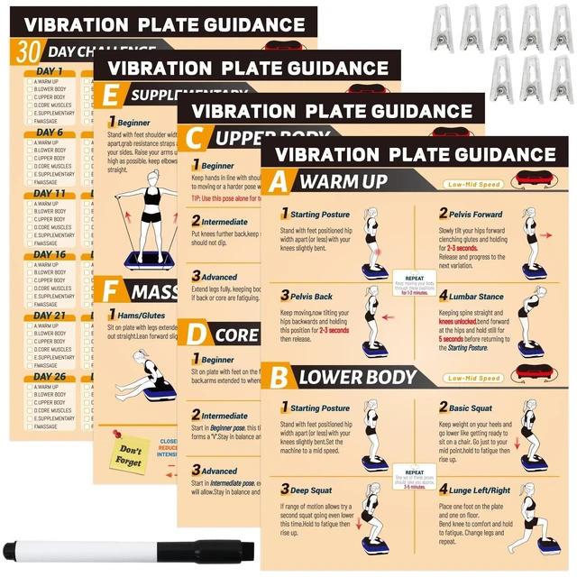 Main image of 4PCS Vibration Plate Workout Poster Set - 3 Exercise Wall Charts, 1 30-Day Planner, 8 Double-Sided Clips, Whole Body Vibrating Exercise Charts for All Vibration Machines