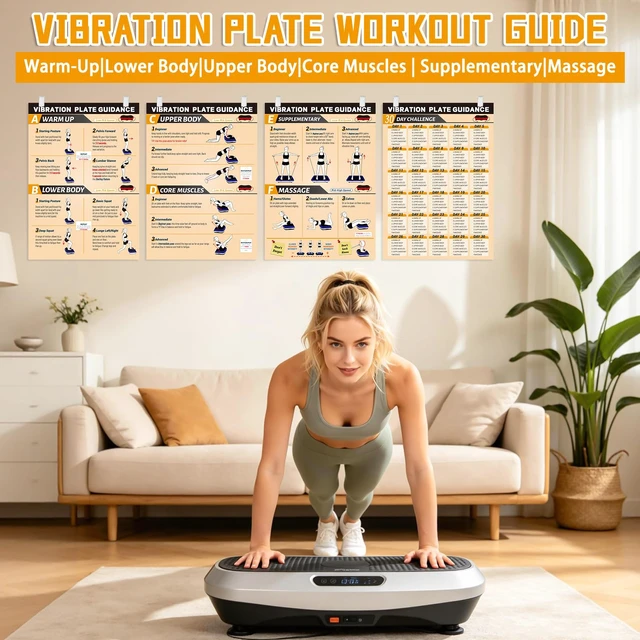 Alt view image 7 of 7 - 4PCS Vibration Plate Workout Poster Set - 3 Exercise Wall Charts, 1 30-Day Planner, 8 Double-Sided Clips, Whole Body Vibrating Exercise Charts for All Vibration Machines