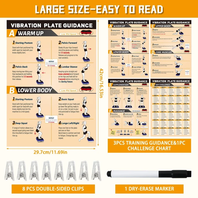 Alt view image 3 of 7 - 4PCS Vibration Plate Workout Poster Set - 3 Exercise Wall Charts, 1 30-Day Planner, 8 Double-Sided Clips, Whole Body Vibrating Exercise Charts for All Vibration Machines