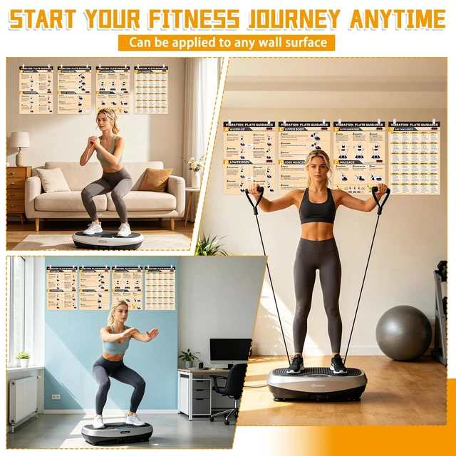 Alt view image 2 of 7 - 4PCS Vibration Plate Workout Poster Set - 3 Exercise Wall Charts, 1 30-Day Planner, 8 Double-Sided Clips, Whole Body Vibrating Exercise Charts for All Vibration Machines