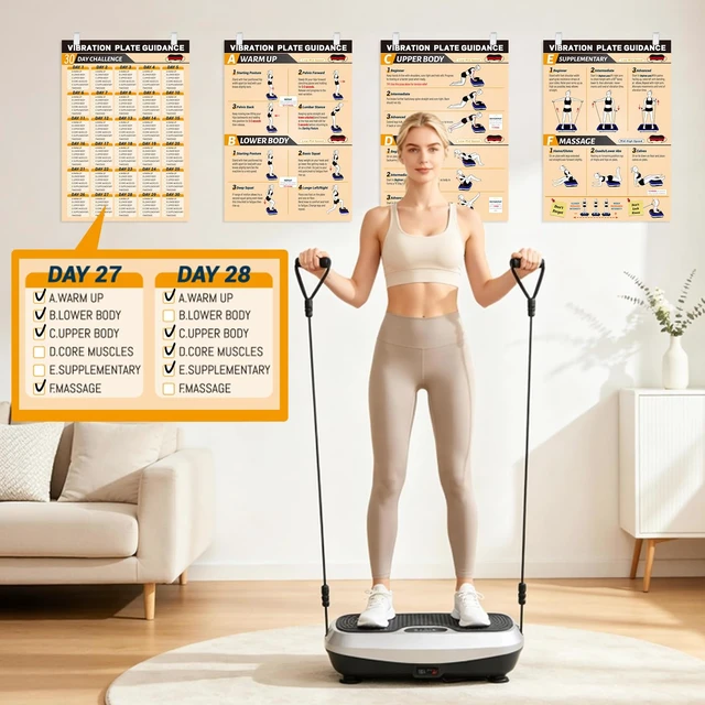 Alt view image 4 of 7 - 4PCS Vibration Plate Workout Poster Set - 3 Exercise Wall Charts, 1 30-Day Planner, 8 Double-Sided Clips, Whole Body Vibrating Exercise Charts for All Vibration Machines