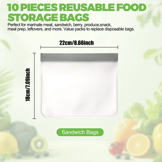 Alt view image 2 of 7 - 10 Pack Reusable Sandwich Bags, BPA-Free Food Storage Bags, Double Zipper Leakproof Freezer Bags, Extra Thick PEVA for Meal Prep Lunch Marinate Meat Snack