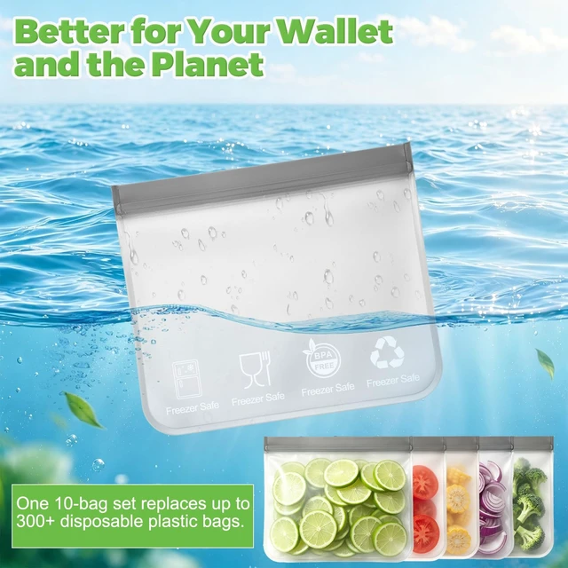 Alt view image 4 of 7 - 10 Pack Reusable Sandwich Bags, BPA-Free Food Storage Bags, Double Zipper Leakproof Freezer Bags, Extra Thick PEVA for Meal Prep Lunch Marinate Meat Snack