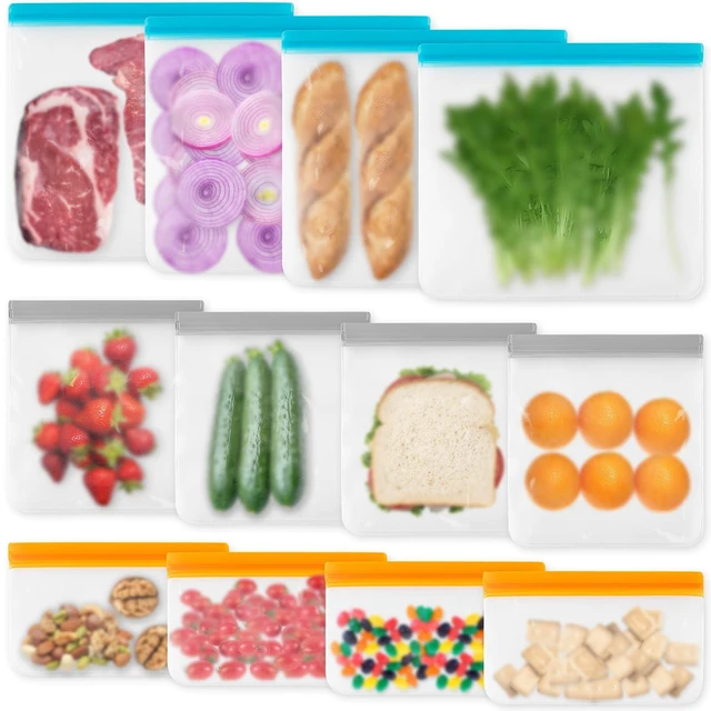 Main image of 12-Pack Reusable Silicone Freezer Bags, Dishwasher Safe, Leakproof (4 Snack Bags, 4 Sandwich Bags, 4 Gallon Bags)