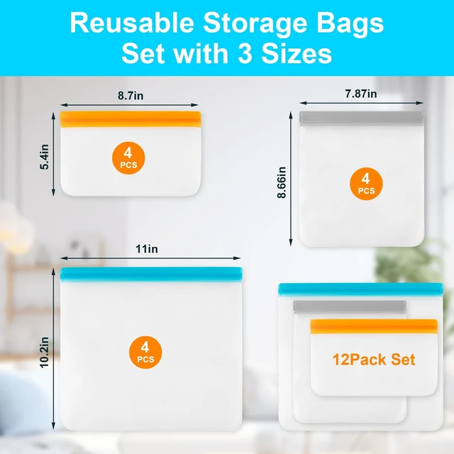 Alt view image 5 of 7 - 12-Pack Reusable Silicone Freezer Bags, Dishwasher Safe, Leakproof (4 Snack Bags, 4 Sandwich Bags, 4 Gallon Bags)