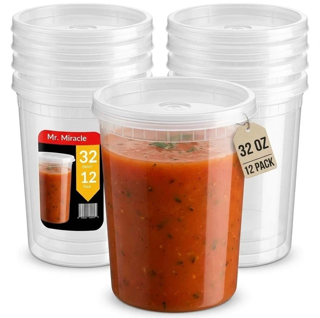Main image of Mr Miracle Deli Containers with Lids 12Pack 32oz Clear Airtight Reusable Plastic Multi-Purpose Containers, Microwave Freezer and Dishwasher Safe