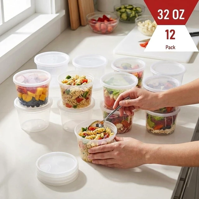 Alt view image 6 of 7 - Mr Miracle Deli Containers with Lids 12Pack 32oz Clear Airtight Reusable Plastic Multi-Purpose Containers, Microwave Freezer and Dishwasher Safe