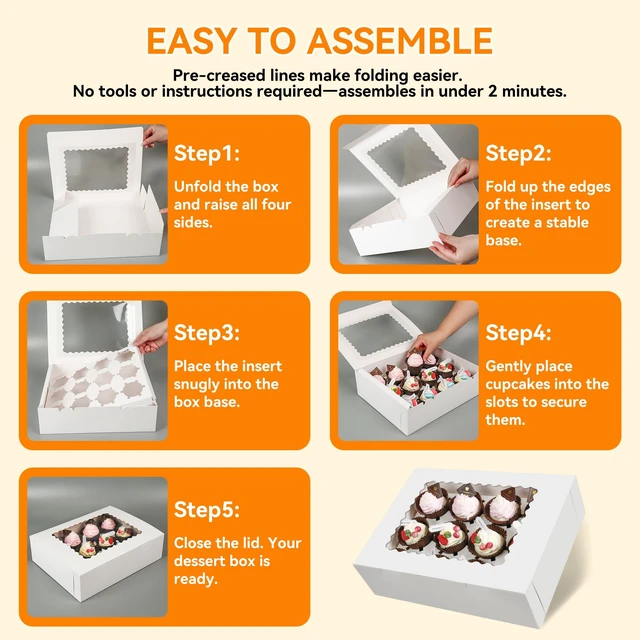 Alt view image 2 of 6 - 3-Set Cupcake Boxes with Clear Display Window, Holds 12 Standard Cupcakes, Disposable Food Grade White Cupcake Carrier, Perfect for Cupcakes Muffins Cookies Pastries