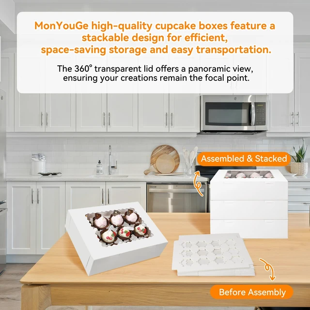 Alt view image 4 of 6 - 3-Set Cupcake Boxes with Clear Display Window, Holds 12 Standard Cupcakes, Disposable Food Grade White Cupcake Carrier, Perfect for Cupcakes Muffins Cookies Pastries