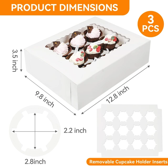 Alt view image 3 of 6 - 3-Set Cupcake Boxes with Clear Display Window, Holds 12 Standard Cupcakes, Disposable Food Grade White Cupcake Carrier, Perfect for Cupcakes Muffins Cookies Pastries