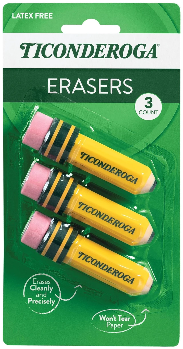 Main image of Ticonderoga Pencil Shaped Erasers, Yellow, 3 Count