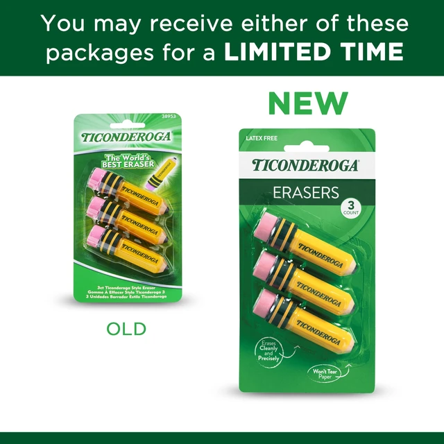 Alt view image 6 of 7 - Ticonderoga Pencil Shaped Erasers, Yellow, 3 Count