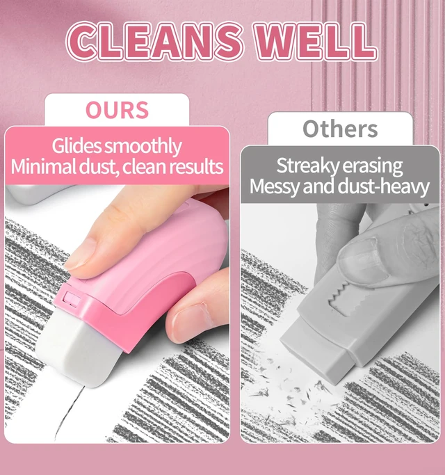 Alt view image 2 of 6 - 4+1 Pack Sliding Retractable Rubber Erasers, Pink