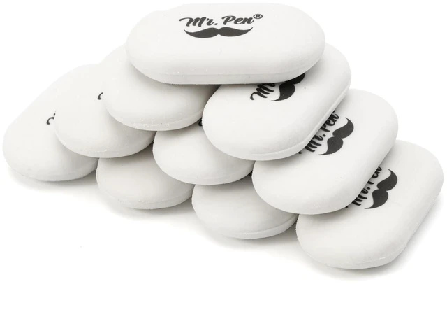 Main image of Mr. Pen White Oval Pencil Erasers, 10 Pack, 1" x 2", Soft Rubber, Clean Smudge-Free Correction