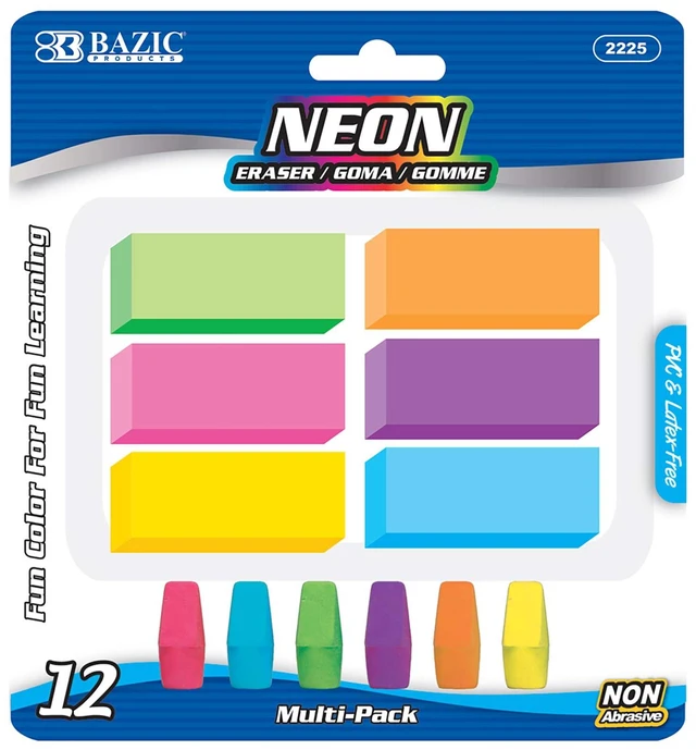 Main image of BAZIC Neon Erasers & Eraser Caps Set, Latex-Free, 12 Pieces