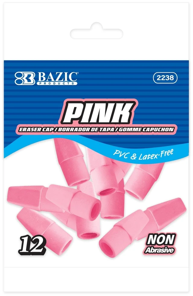 Main image of BAZIC Pink Pencil-Top Eraser Caps, Latex-Free, PVC-Free, 12 Count