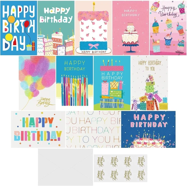 Main image of 12 Pcs 4x6 Inch Colored Happy Birthday Cards with Envelopes and Stickers
