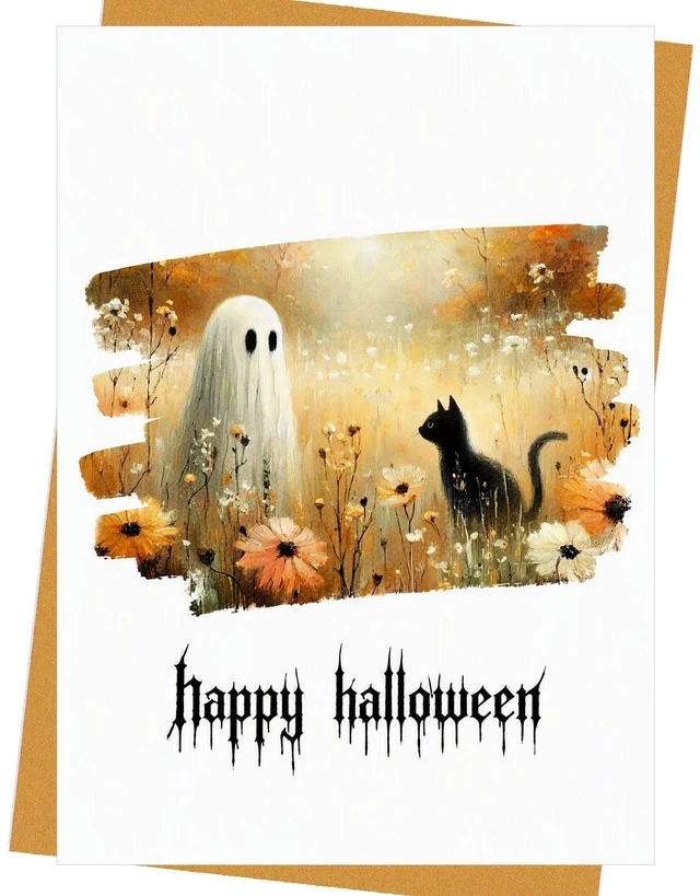 Main image of Autumn Watercolor Greeting Card with Orange Daisies, Fall Leaves, and Envelope for Halloween, Thanksgiving, Birthday