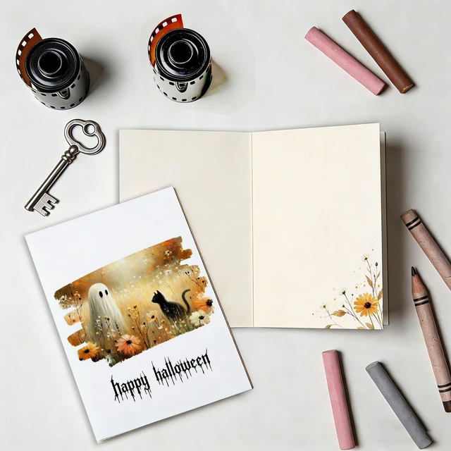 Alt view image 4 of 5 - Autumn Watercolor Greeting Card with Orange Daisies, Fall Leaves, and Envelope for Halloween, Thanksgiving, Birthday