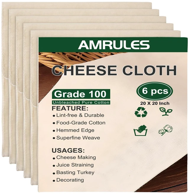 Main image of Amrules 6 Pcs Cheese Cloths, 20x20 Inches, Grade 100, Unbleached Cotton