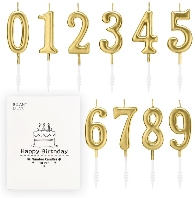 Main image of Beanlieve 10-Piece Numeral Birthday Candles Set - Numbers 0-9 for Cake Decoration, Birthday Parties, Wedding Anniversary (Champagne Gold)