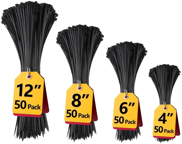 Main image of LOCKLOCK Black Zip Ties, 200 Pack, Assorted 12+8+6+4 Inch, UV Resistant Cable Ties for Outdoor Use