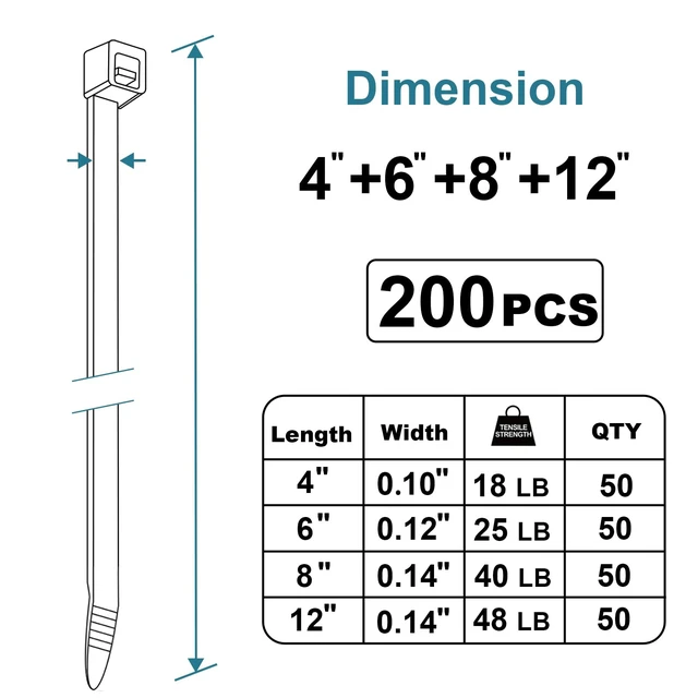 Alt view image 3 of 6 - LOCKLOCK Black Zip Ties, 200 Pack, Assorted 12+8+6+4 Inch, UV Resistant Cable Ties for Outdoor Use