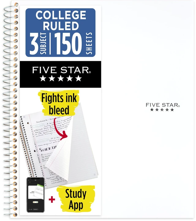 Main image of Five Star 72464 3 Subject College Ruled Spiral Notebook + Study App, 8.5" x 11", 150 Sheets, Water Resistant Cover, Fights Ink Bleed, White