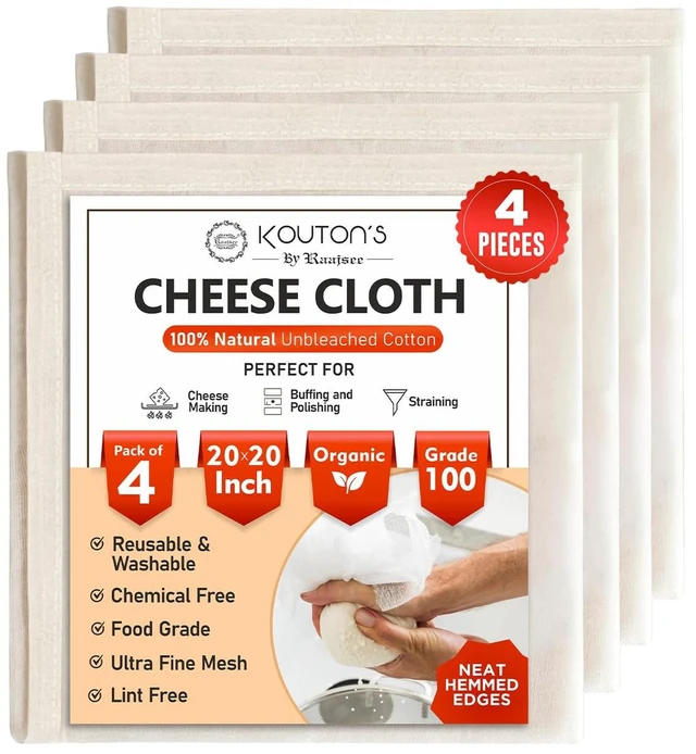 Main image of Grade 100 Organic Unbleached Cheesecloth 4Pcs Precut 20x20inch Hemmed Reusable Ultra Fine Muslin for Straining Juicing Brewing Baking Turkey