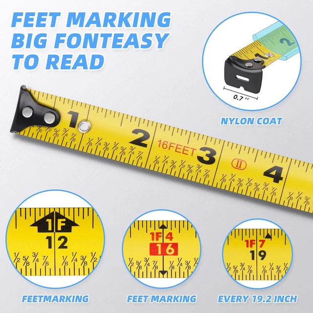 Alt view image 7 of 7 - URASISTO 16ft Tape Measure with Fractions 1/8, Retractable, Rubber Protective Casing, Shock Absorbent Case for Carpenters, Surveyors, Engineers, Electricians