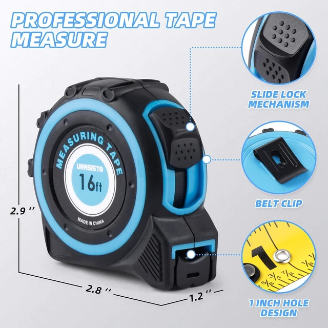 Alt view image 5 of 7 - URASISTO 16ft Tape Measure with Fractions 1/8, Retractable, Rubber Protective Casing, Shock Absorbent Case for Carpenters, Surveyors, Engineers, Electricians