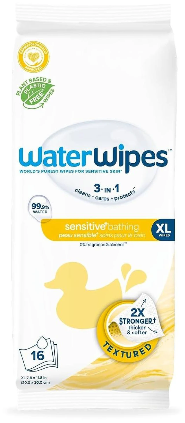 Main image of WaterWipes Sensitive+ Bathing Wipes, 3-In-1 Cleans, Cares, Protects, 99.9% Water, Unscented & Hypoallergenic, 16 Count (1 Pack)